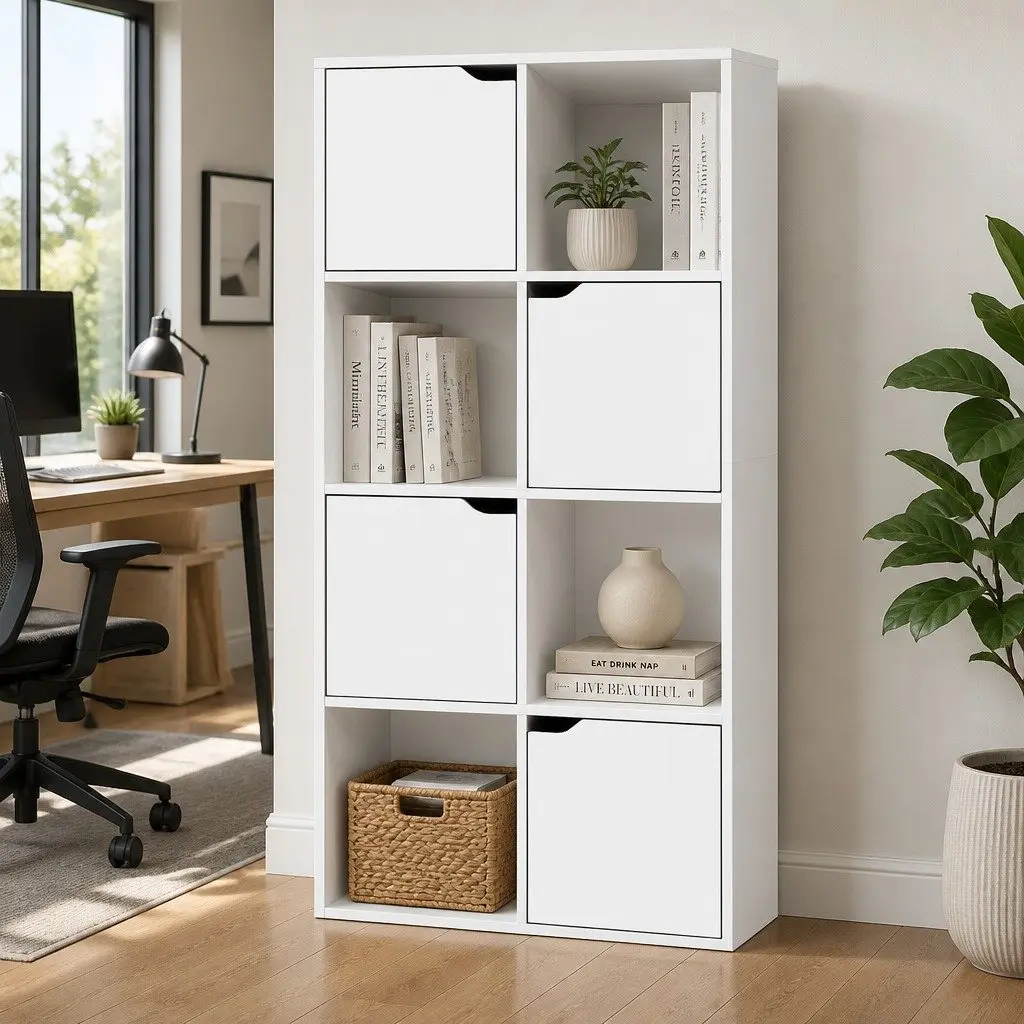 8 Cube Display Shelf White Storage Bookcase 4 Doors Open Shelves Modern Design