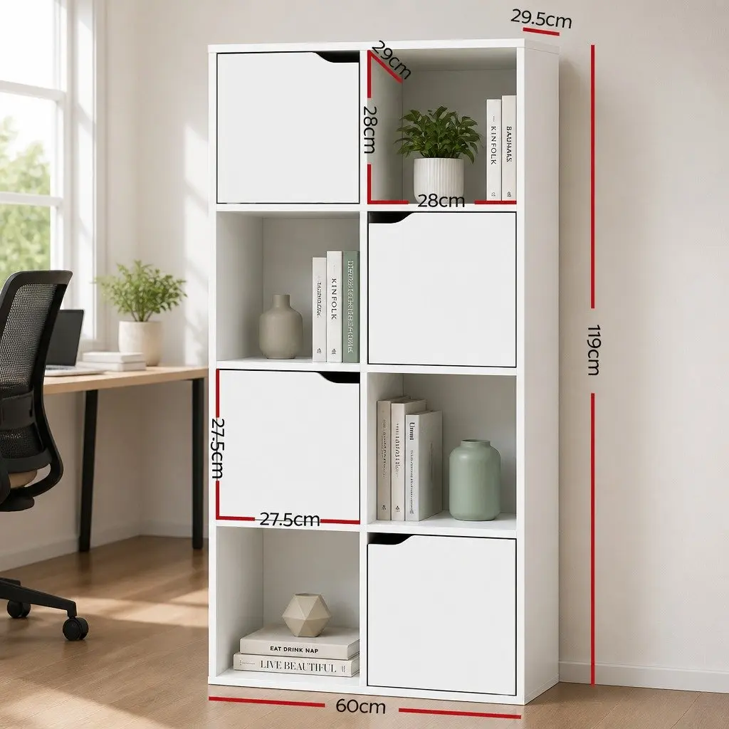 8 Cube Display Shelf White Storage Bookcase 4 Doors Open Shelves Modern Design