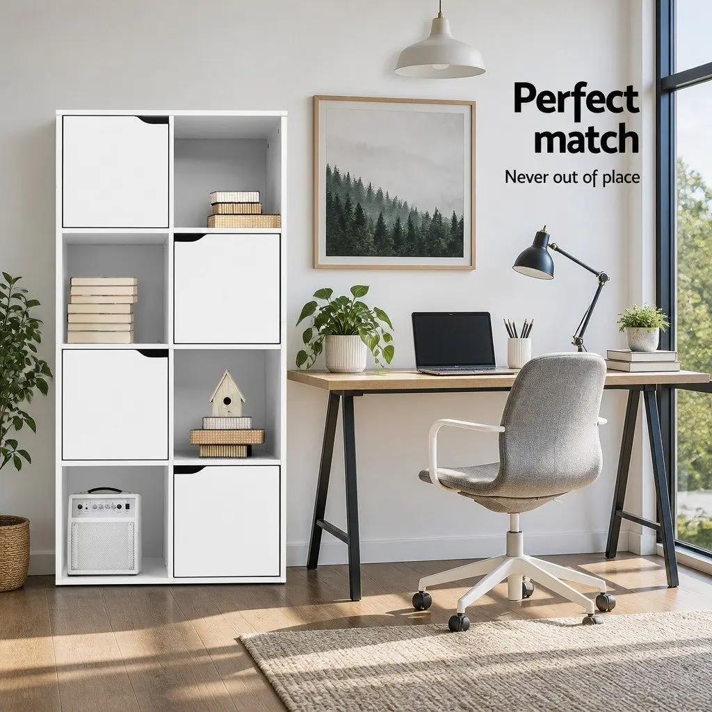 8 Cube Display Shelf White Storage Bookcase 4 Doors Open Shelves Modern Design