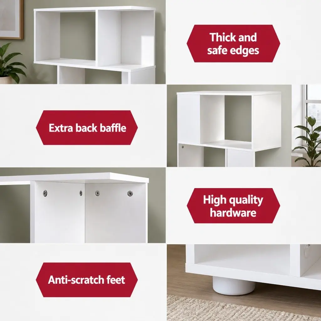 3-Tier Display Bookshelf White Zig-Zag Storage Unit Living Room Shelf Organiser