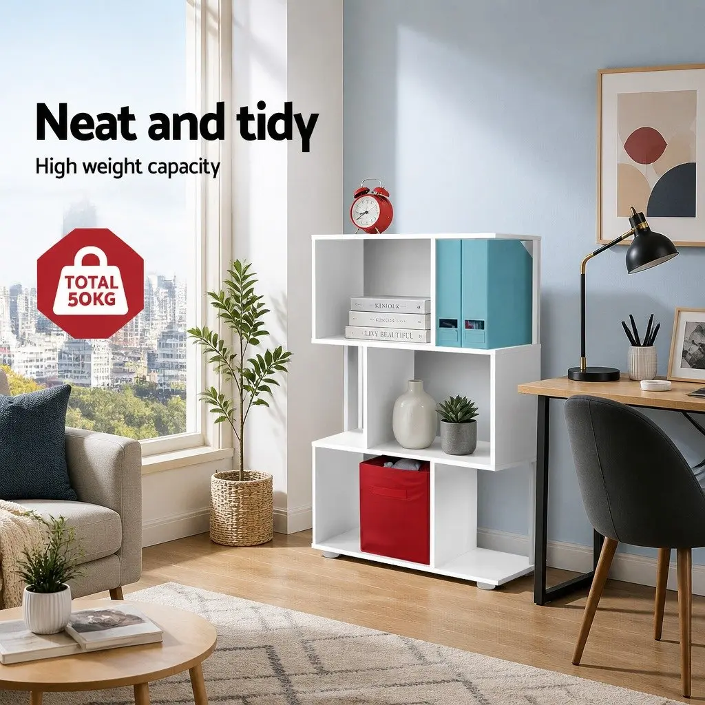 3-Tier Display Bookshelf White Zig-Zag Storage Unit Living Room Shelf Organiser