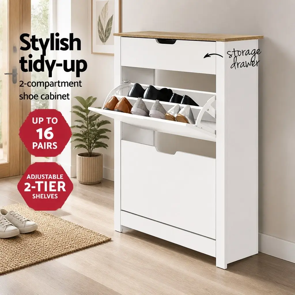 Shoe Rack Cabinet White Wood 16 Pairs Adjustable Shelves Storage Organiser