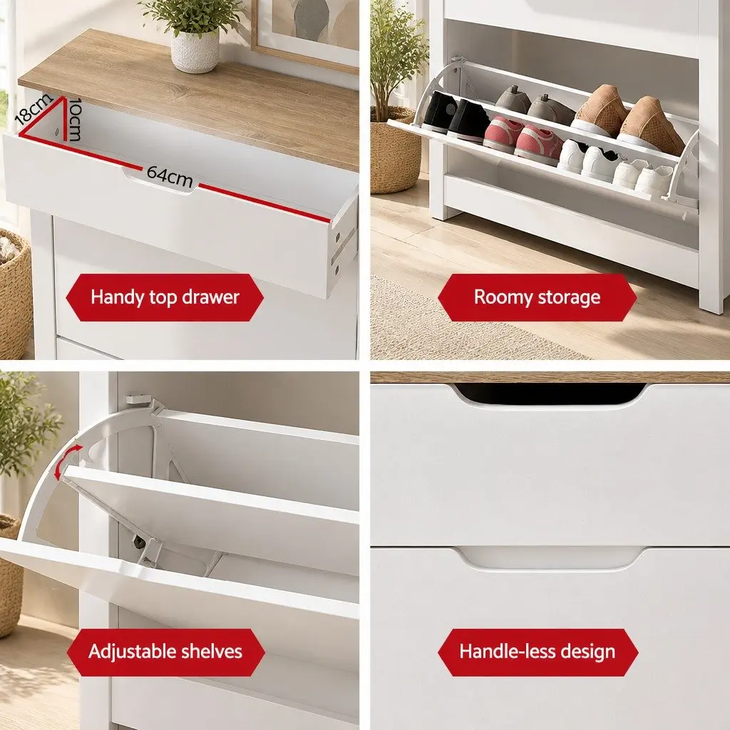 Shoe Rack Cabinet White Wood 16 Pairs Adjustable Shelves Storage Organiser