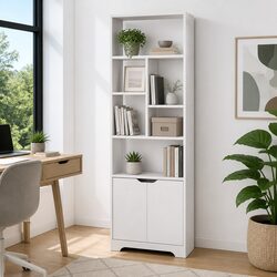 Compact White 8-Tier Bookshelf with Cabinet Storage