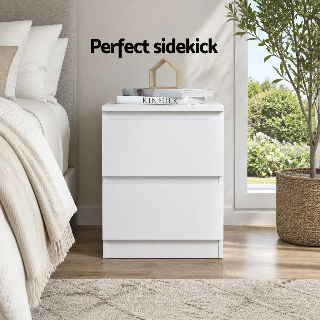 Bedside Table 2 Drawers White Modern Nightstand Bedroom Storage Furniture