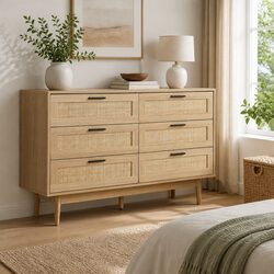 6 Drawer Chest Storage Bedroom Lowboy Rattan Wood Legs Coastal Bohemian Style