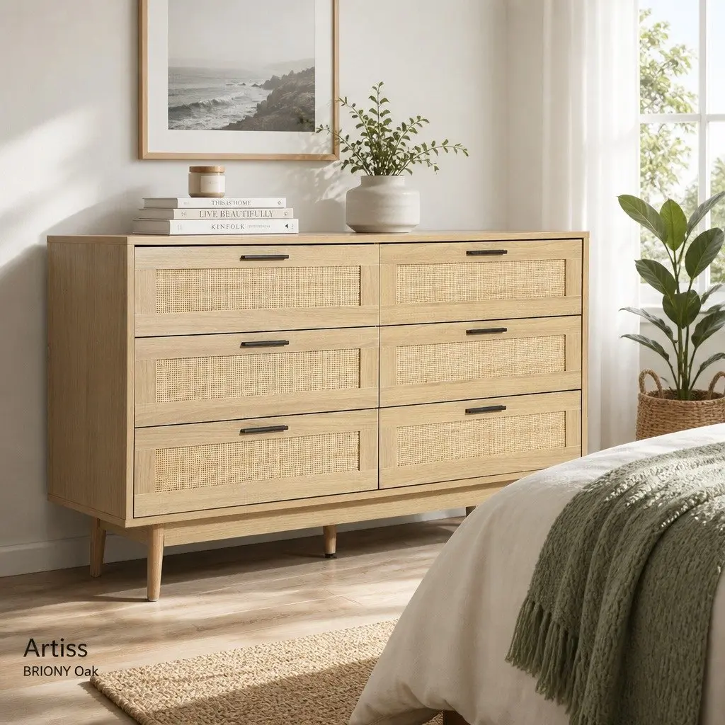 6 Drawer Chest Storage Wood Rattan Coastal Bohemian Style