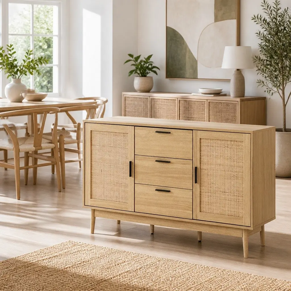 Rattan Buffet Sideboard Storage Cabinet Wood 130cm Three Drawers Adjustable Shelves