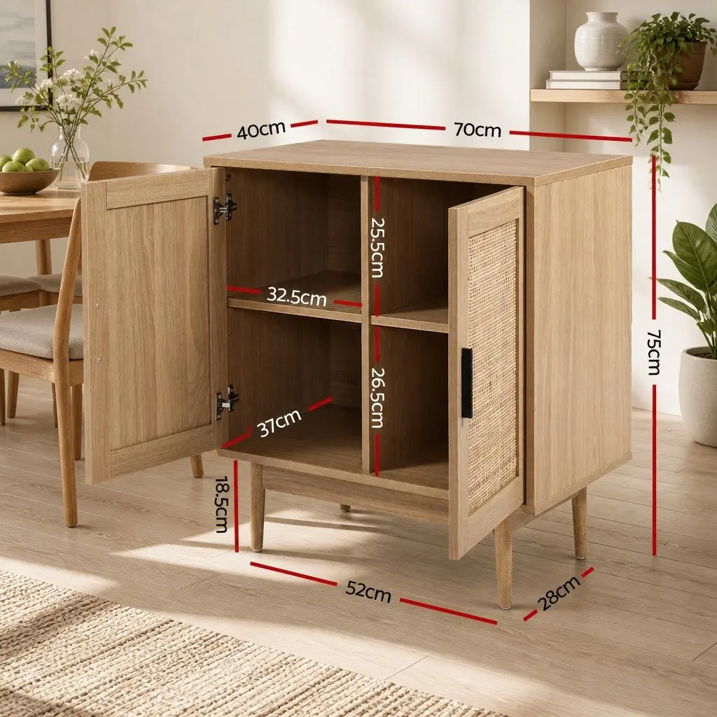 Buffet Sideboard Cabinet Pine Wood 70cm Two Doors Rattan Storage Cupboard