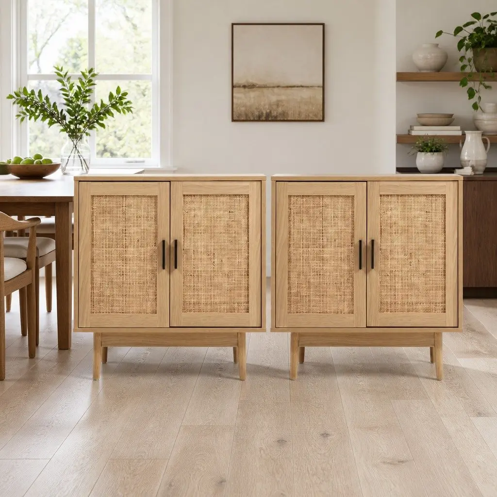 Buffet Sideboard Cabinet Pine Wood 70cm Two Doors Rattan Storage Cupboard