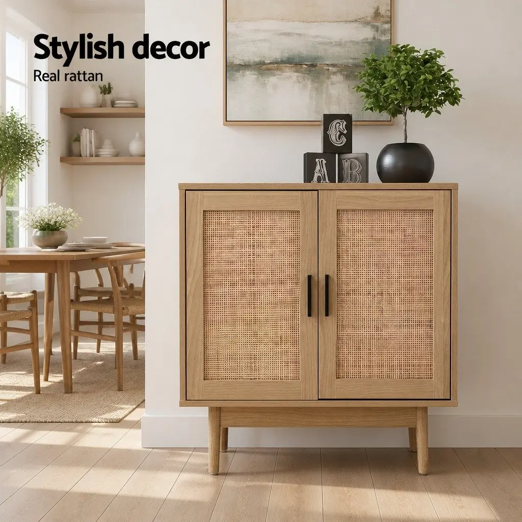 Buffet Sideboard Cabinet Pine Wood 70cm Two Doors Rattan Storage Cupboard