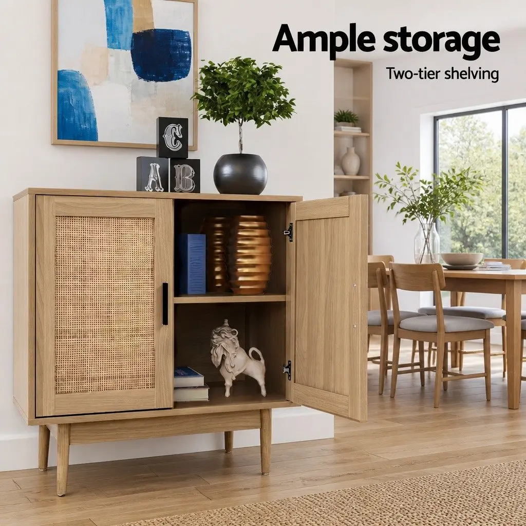 Buffet Sideboard Cabinet Pine Wood 70cm Two Doors Rattan Storage Cupboard