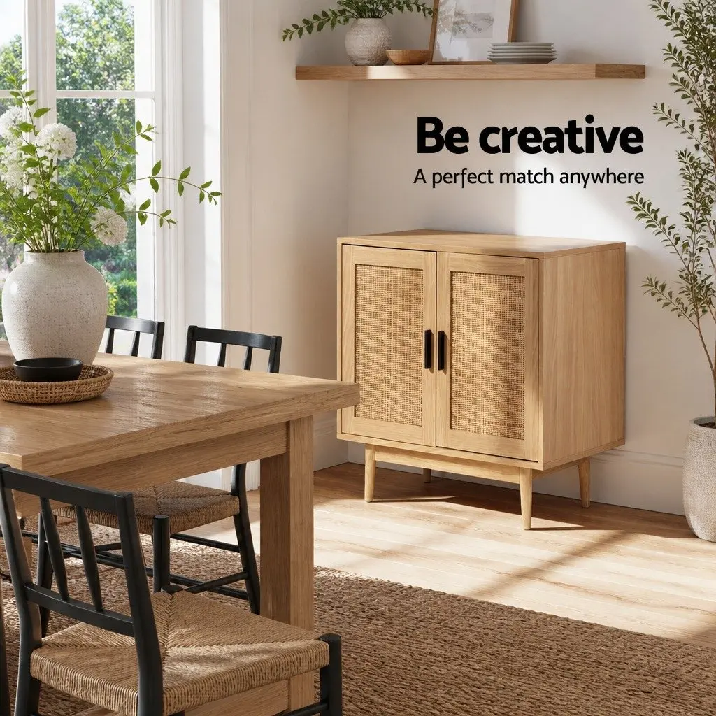 Buffet Sideboard Cabinet Pine Wood 70cm Two Doors Rattan Storage Cupboard