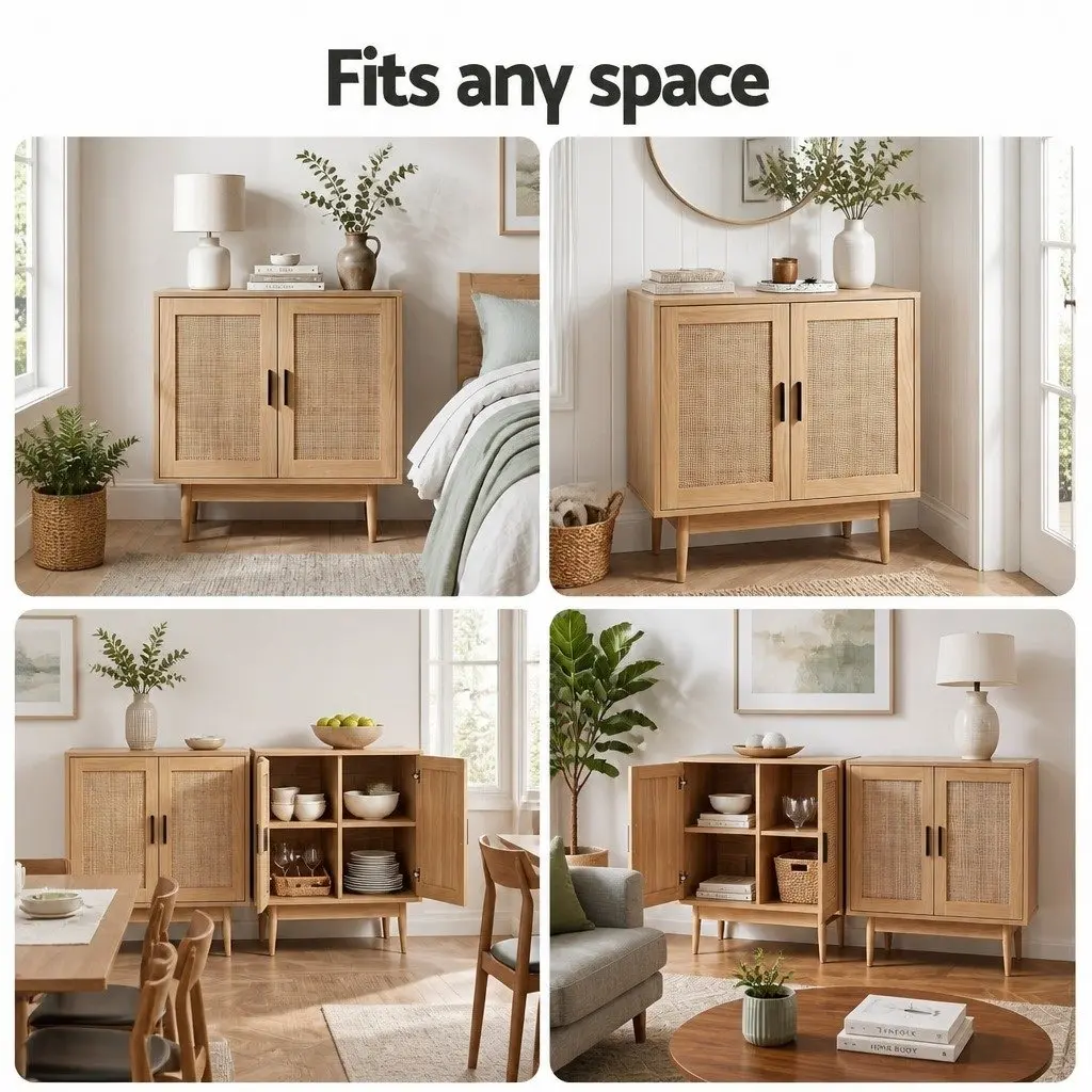 Buffet Sideboard Cabinet Pine Wood 70cm Two Doors Rattan Storage Cupboard