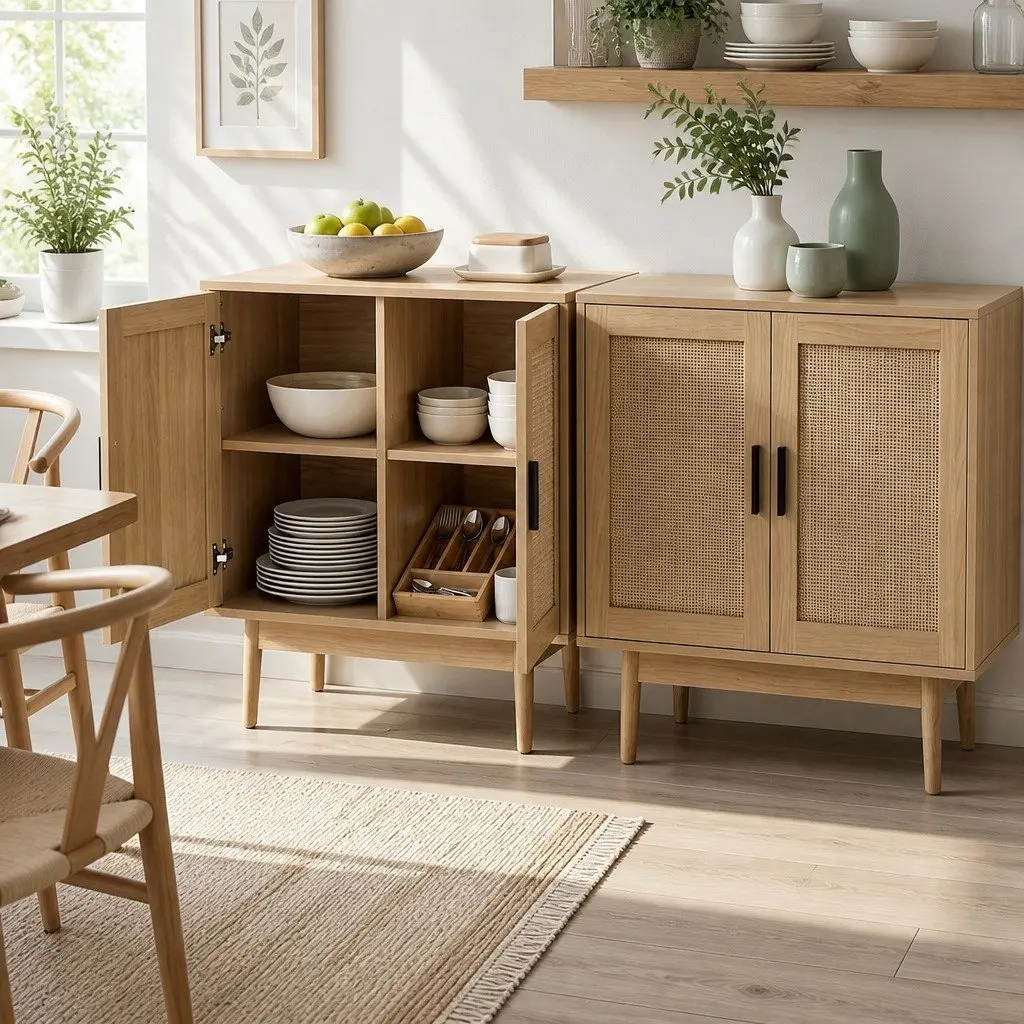 Buffet Sideboard Cabinet Pine Wood 70cm Two Doors Rattan Storage Cupboard