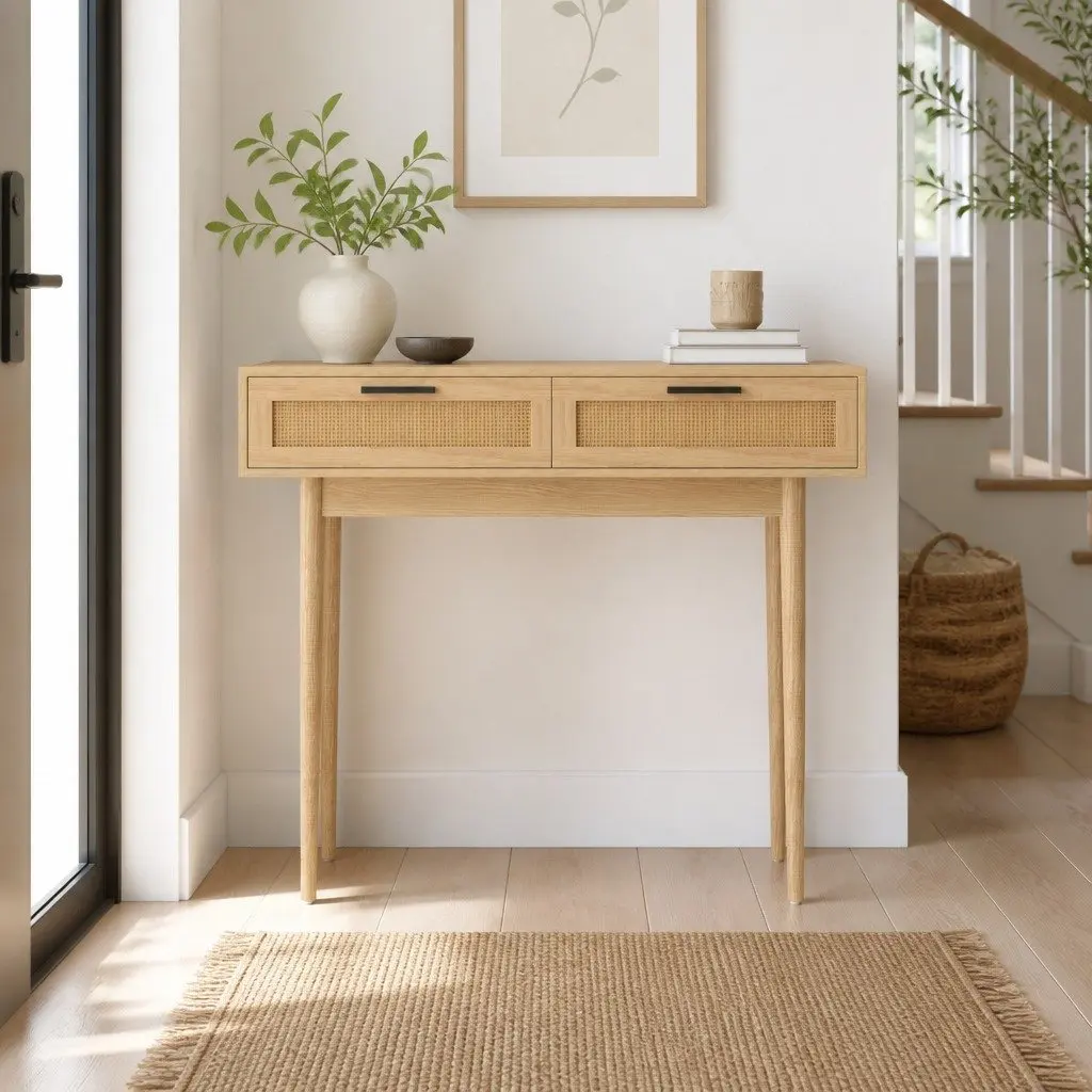 Console Table with 2 Rattan Drawers Light Wood Tone Storage Hallway Entry