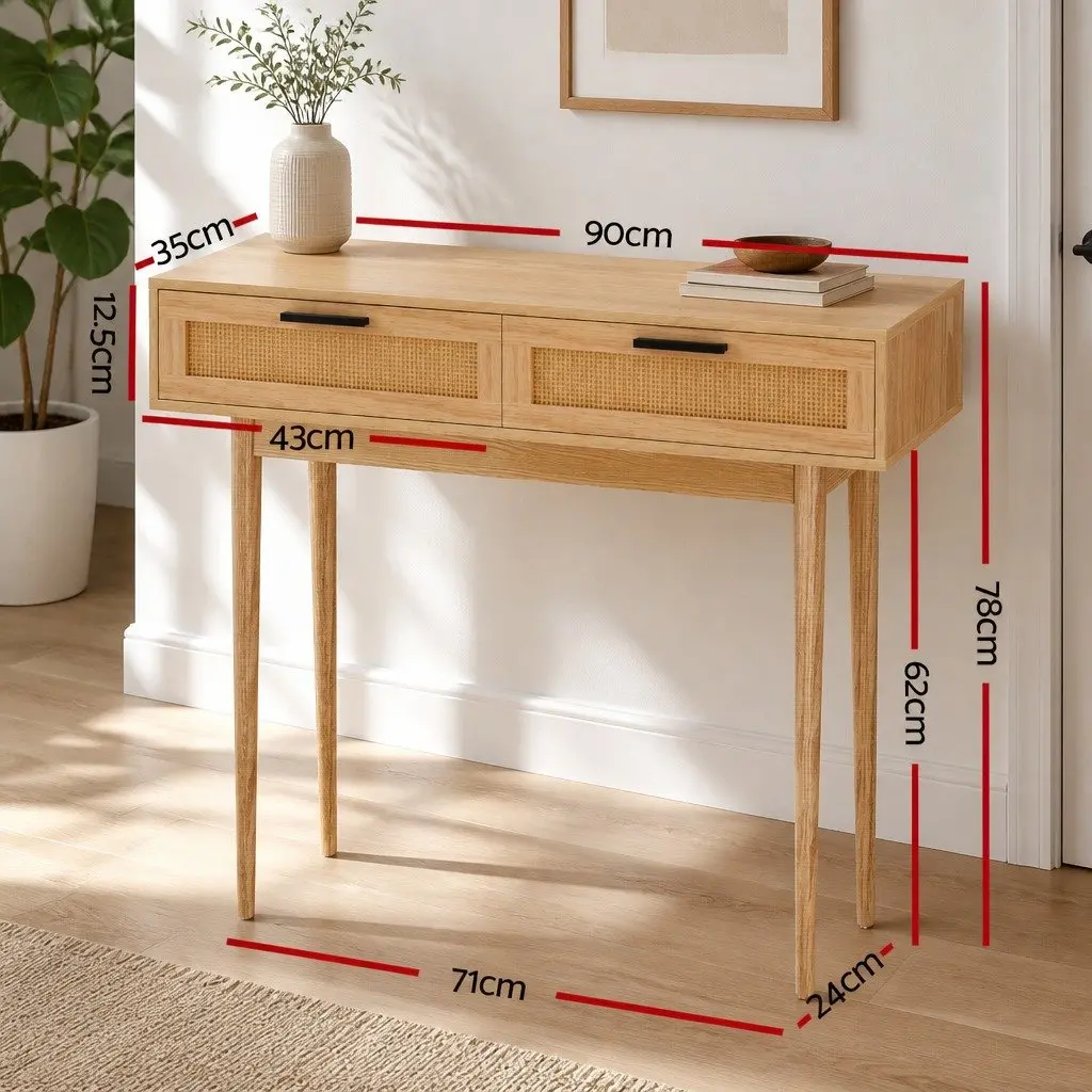 Console Table with 2 Rattan Drawers Light Wood Tone Storage Hallway Entry