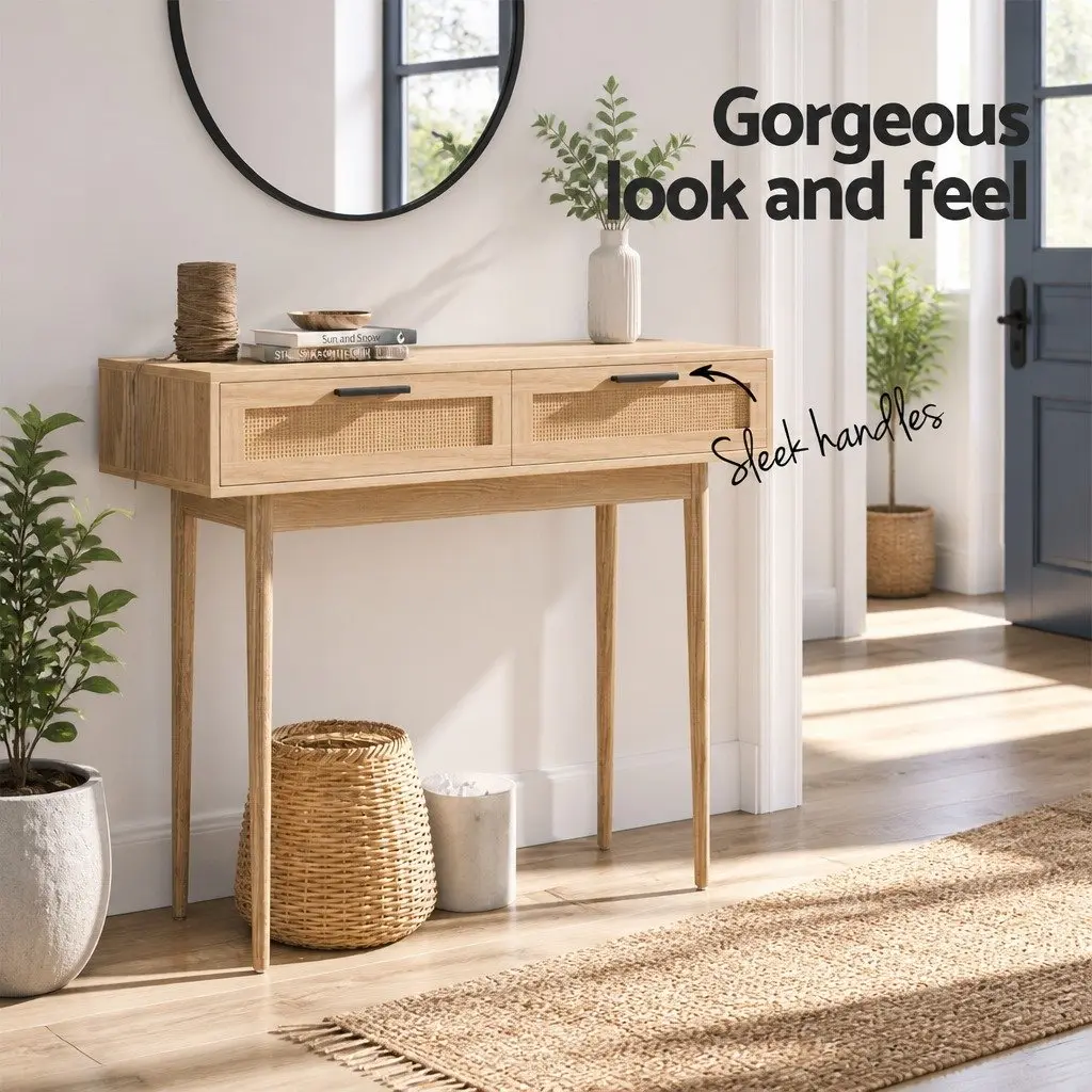 Console Table with 2 Rattan Drawers Light Wood Tone Storage Hallway Entry