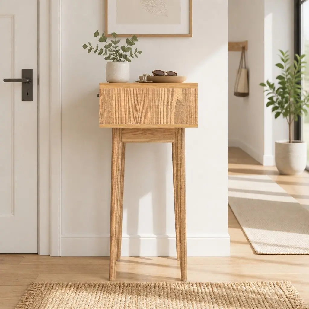 Console Table with 2 Rattan Drawers Light Wood Tone Storage Hallway Entry