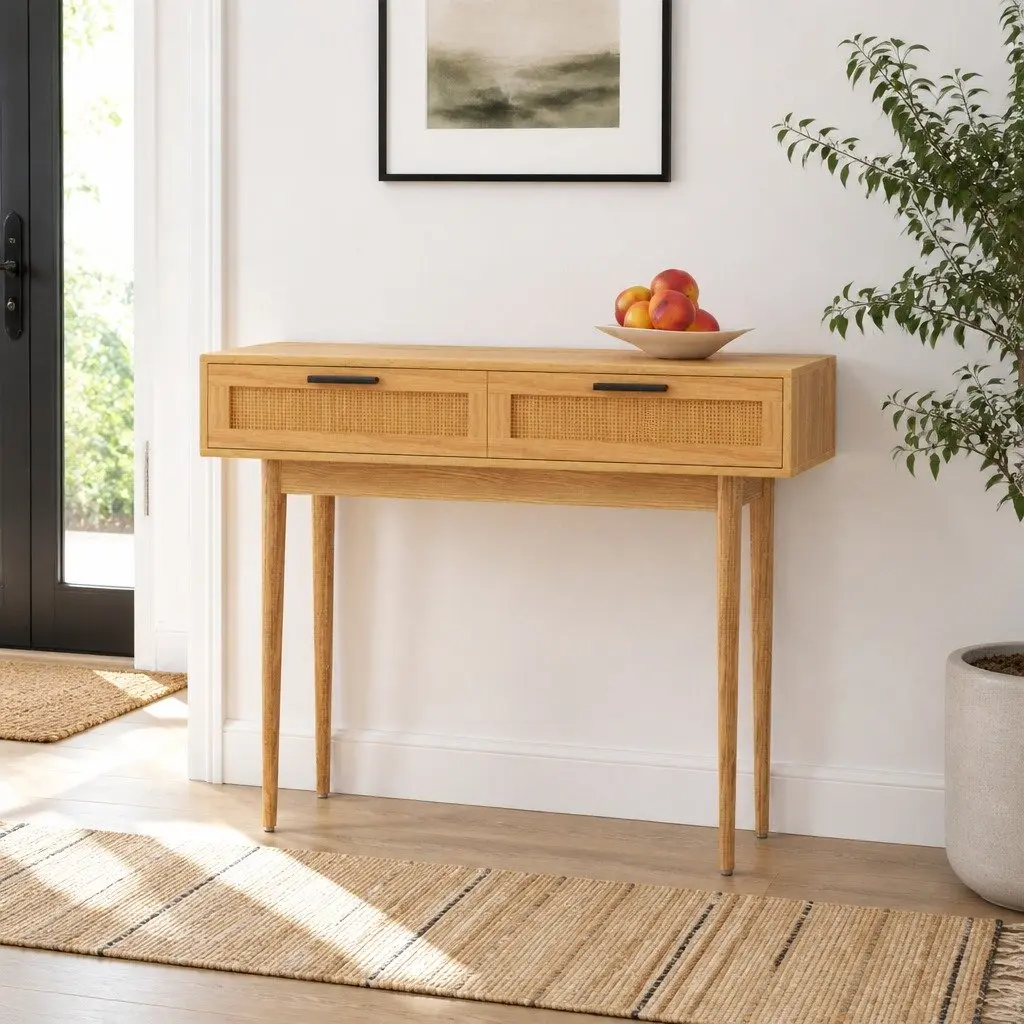 Console Table with 2 Rattan Drawers Light Wood Tone Storage Hallway Entry