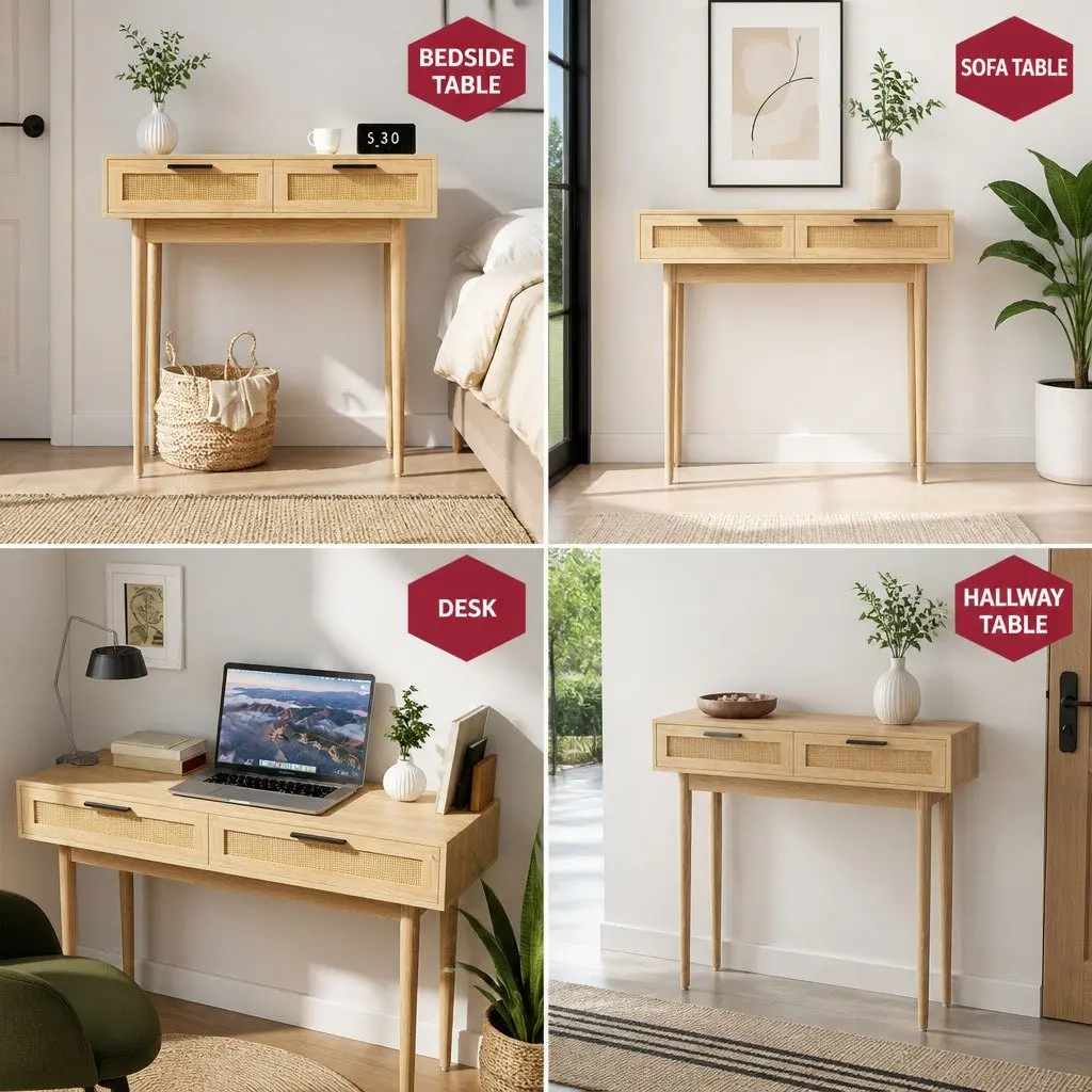 Console Table with 2 Rattan Drawers Light Wood Tone Storage Hallway Entry
