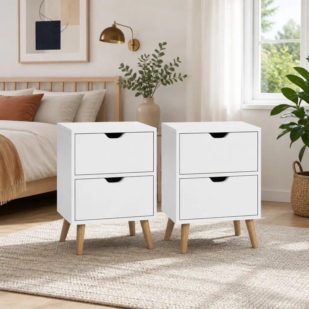 Bedside Table White 40cm x 30cm x 50cm Two Drawers Modern Bedroom Storage Nightstand with Splayed Legs