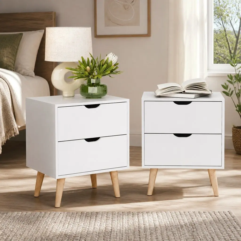 Bedside Table White 40cm x 30cm x 50cm Two Drawers Modern Bedroom Storage Nightstand with Splayed Legs