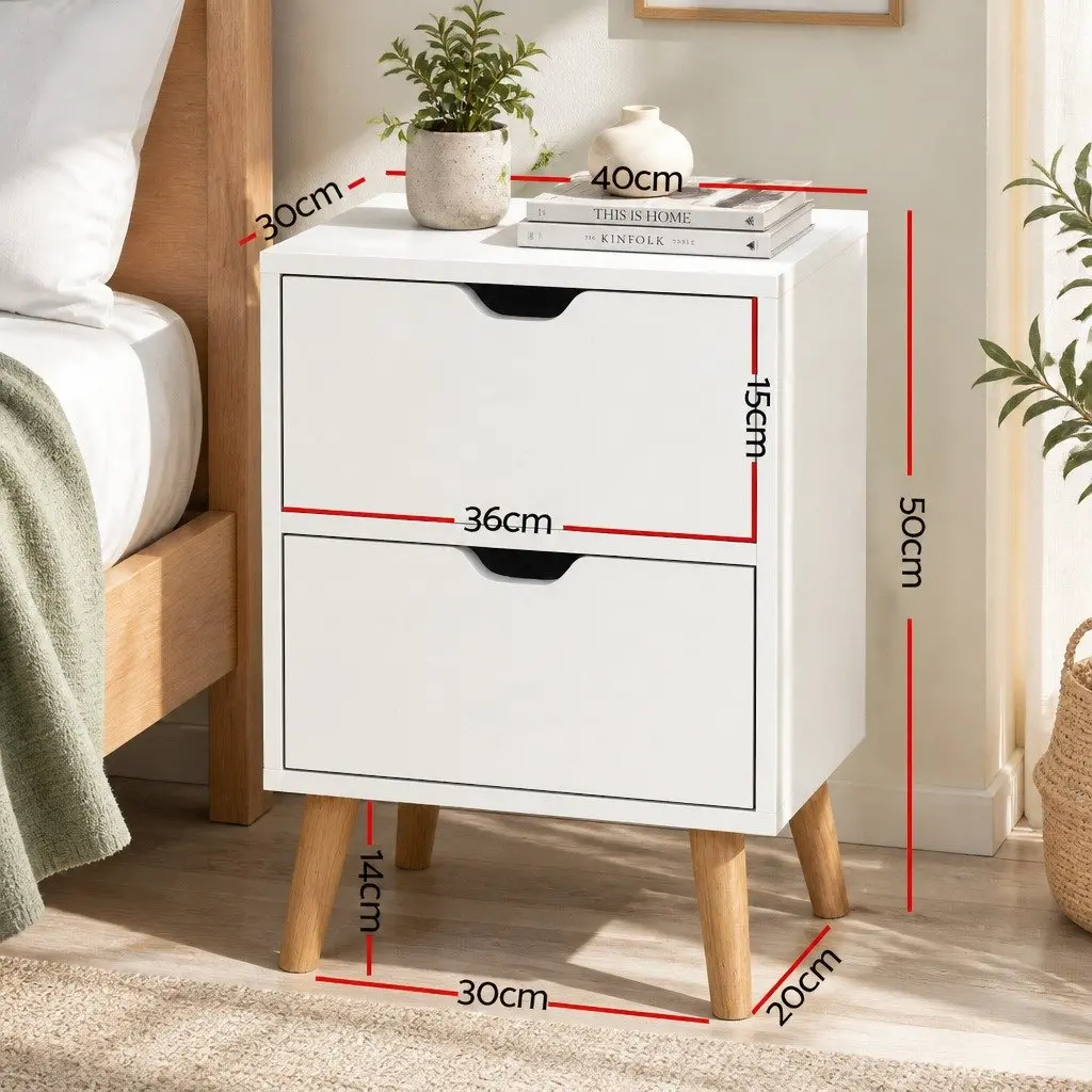 Bedside Table White 40cm x 30cm x 50cm Two Drawers Modern Bedroom Storage Nightstand with Splayed Legs
