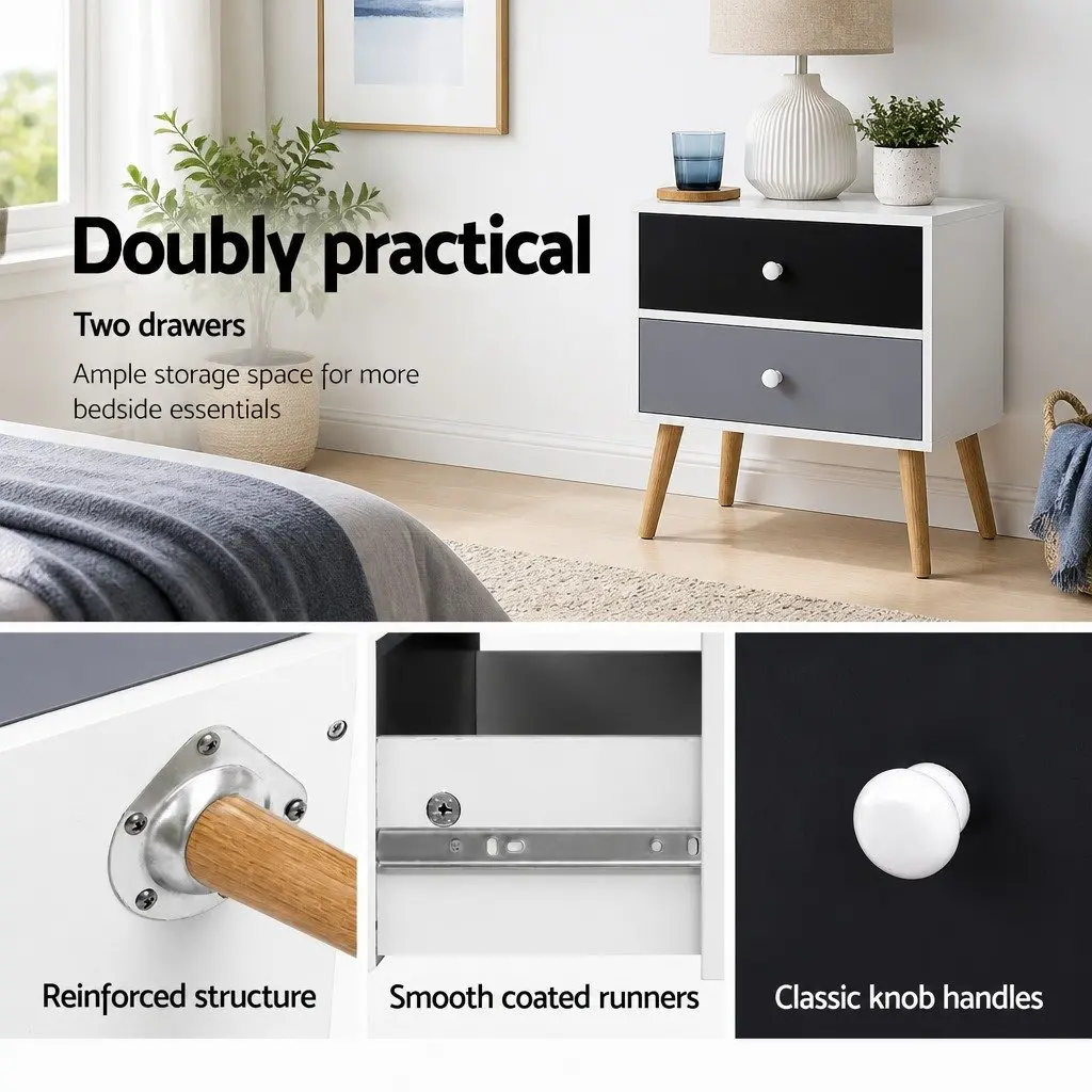 Bedside Table 2 Drawers Scandinavian Design Bedroom Nightstand Storage Furniture