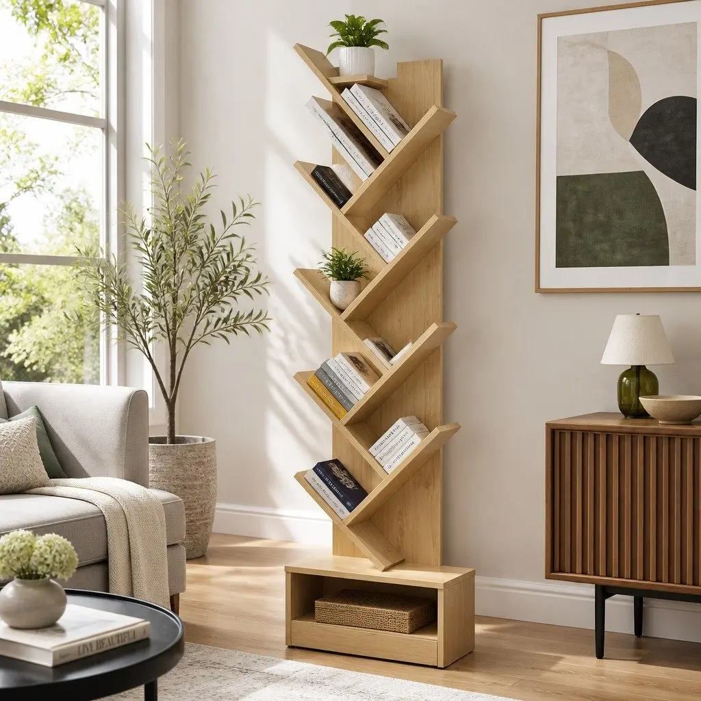 Tree Bookshelf Natural 9 Tier Freestanding Wall Mount Storage Display Organizer