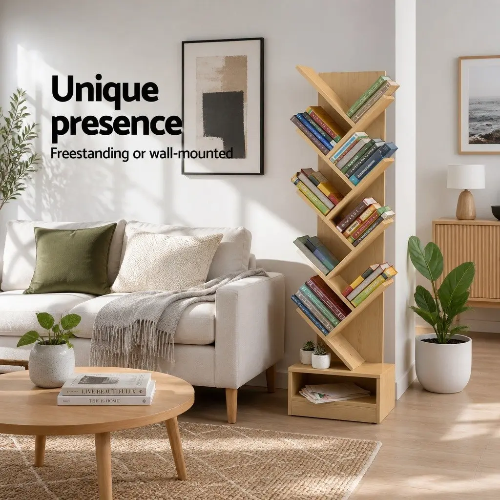 Tree Bookshelf Natural 9 Tier Freestanding Wall Mount Storage Display Organizer