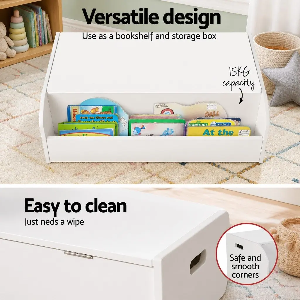 Kids Toy Box Chest White 2-in-1 Storage Box Bookshelf Organiser for Children