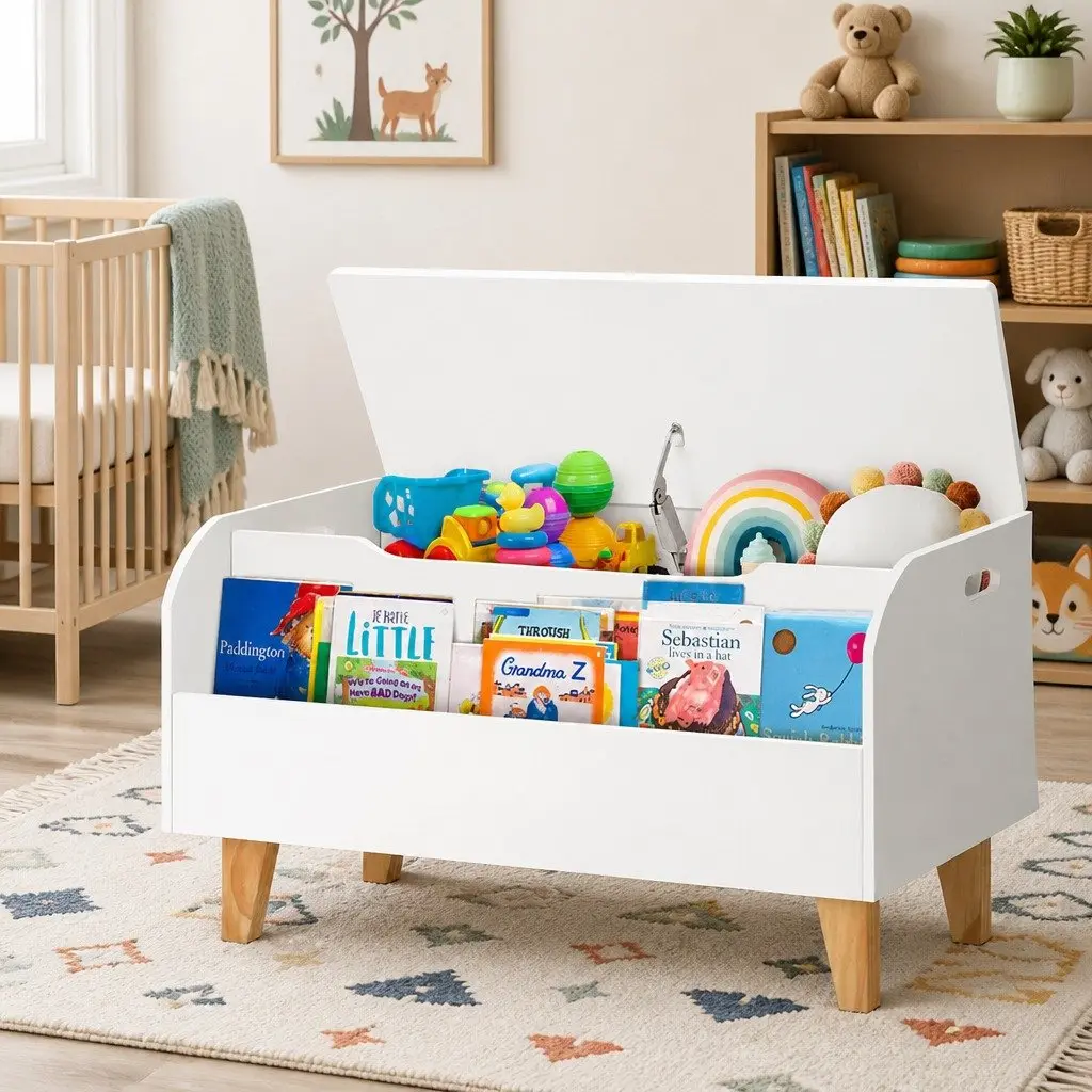 Kids Toy Box Chest White 2-in-1 Storage Box Bookshelf Organiser for Children