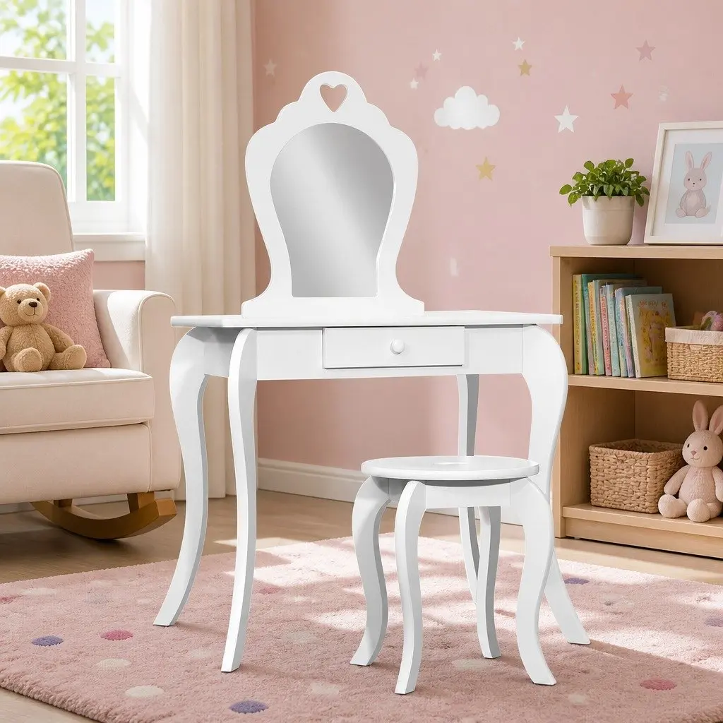 Kids Dressing Table Stool Set Vanity Mirror Makeup White Children Furniture