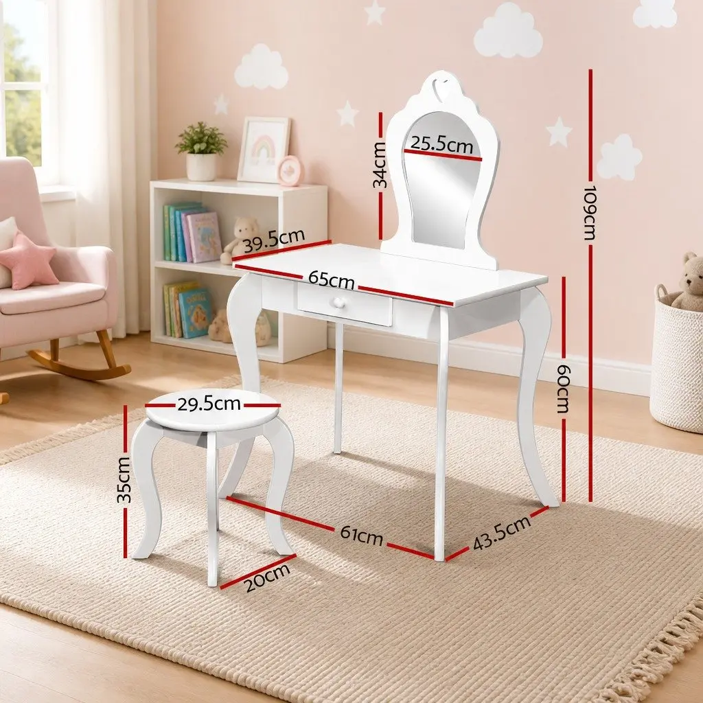 Kids Dressing Table Stool Set Vanity Mirror Makeup White Children Furniture