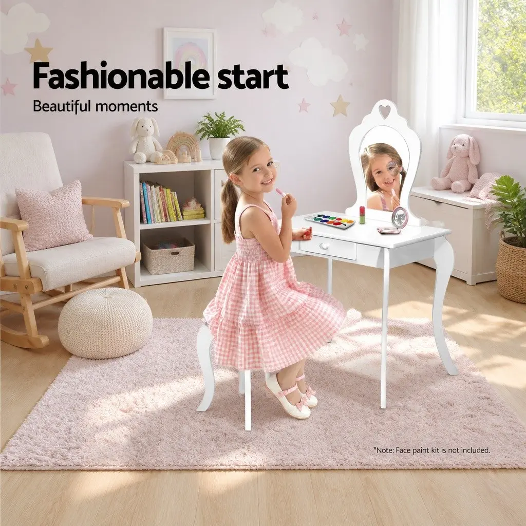 Kids Dressing Table Stool Set Vanity Mirror Makeup White Children Furniture