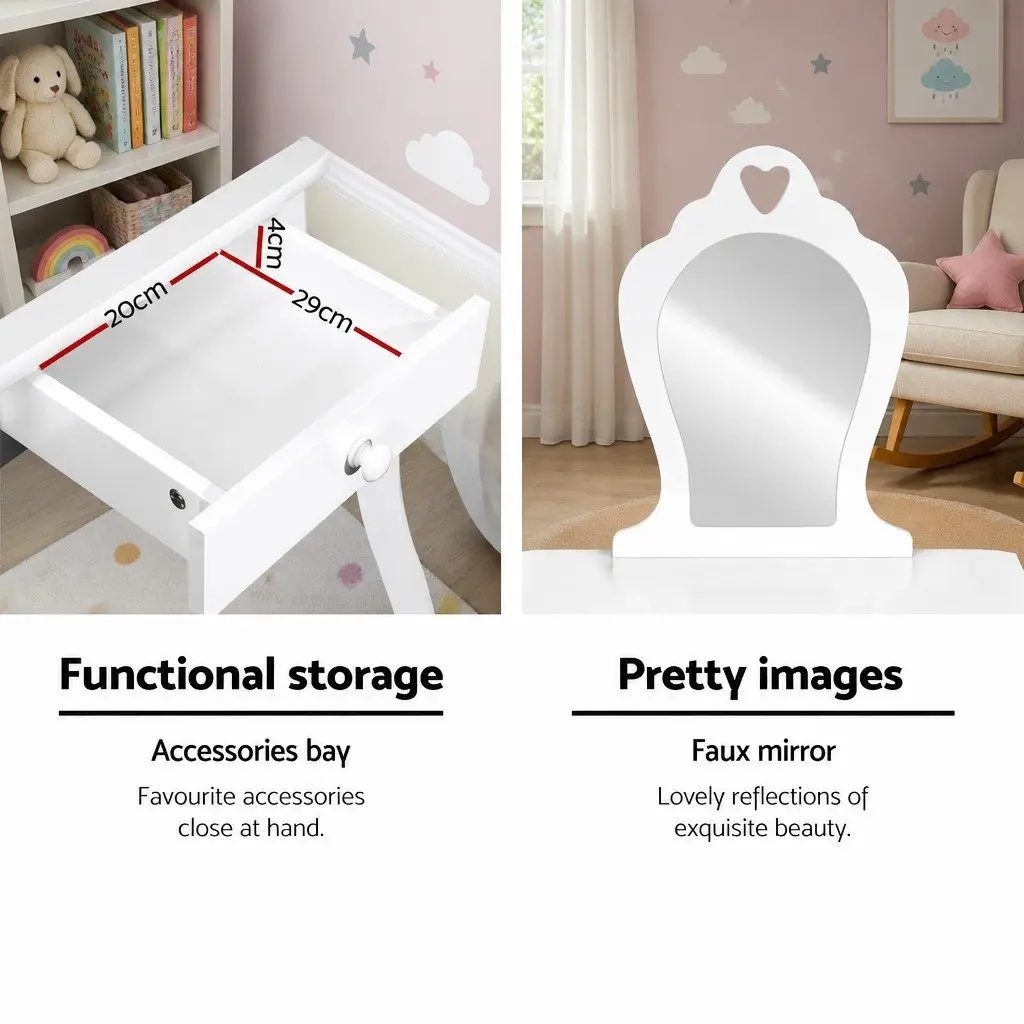 Kids Dressing Table Stool Set Vanity Mirror Makeup White Children Furniture