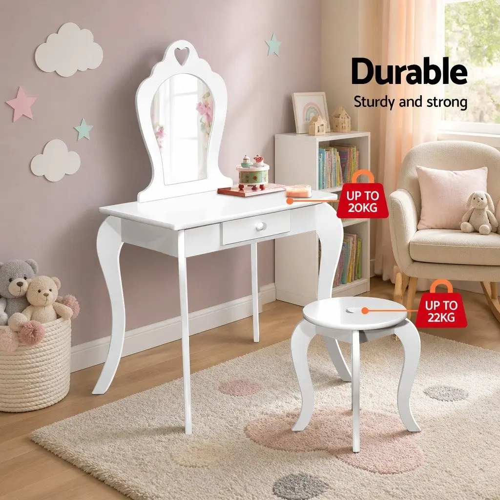 Kids Dressing Table Stool Set Vanity Mirror Makeup White Children Furniture