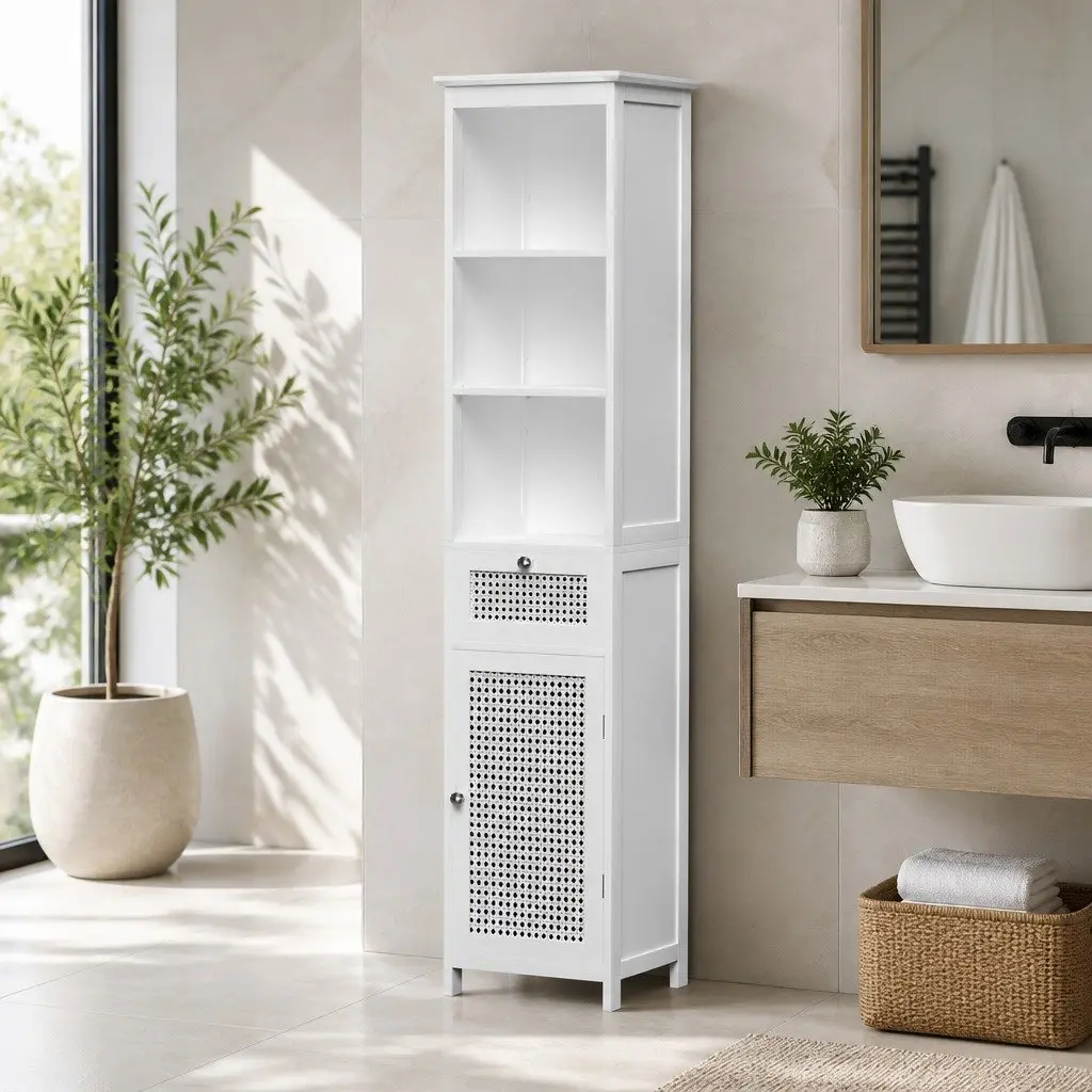 Bathroom Storage Cabinet White 161cm Tallboy Ventilated Rattan Cupboard