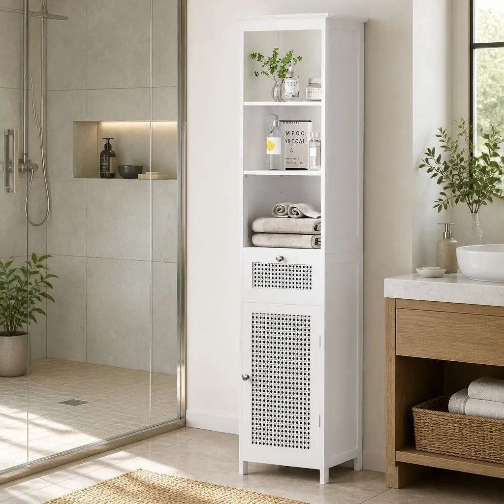 Bathroom Storage Cabinet White 161cm Tallboy Ventilated Rattan Cupboard