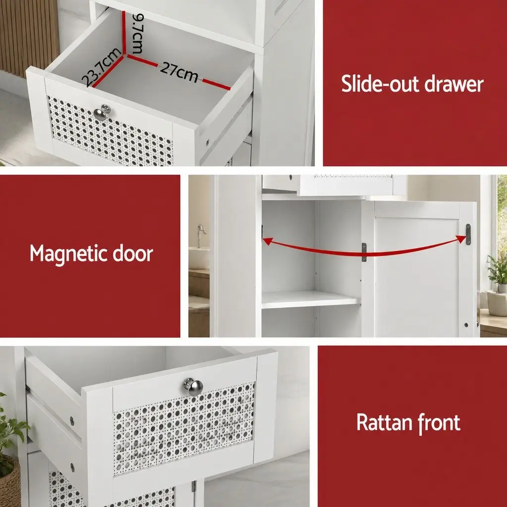 Bathroom Storage Cabinet White 161cm Tallboy Ventilated Rattan Cupboard