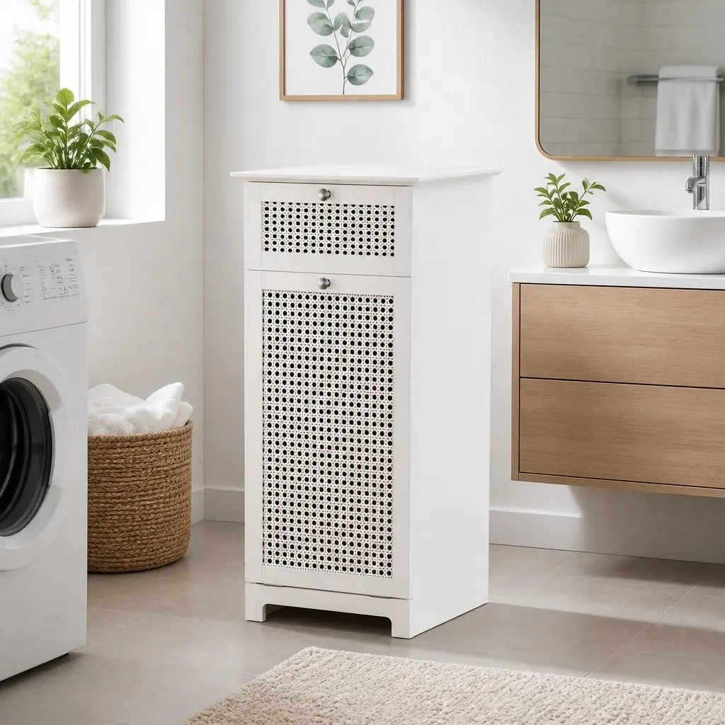 Laundry Hamper Cabinet White Compact Tilt-Out Storage with Removable Fabric Basket