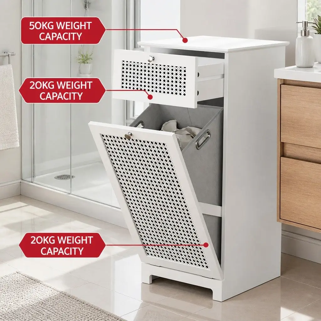 Laundry Hamper Cabinet White Compact Tilt-Out Storage with Removable Fabric Basket