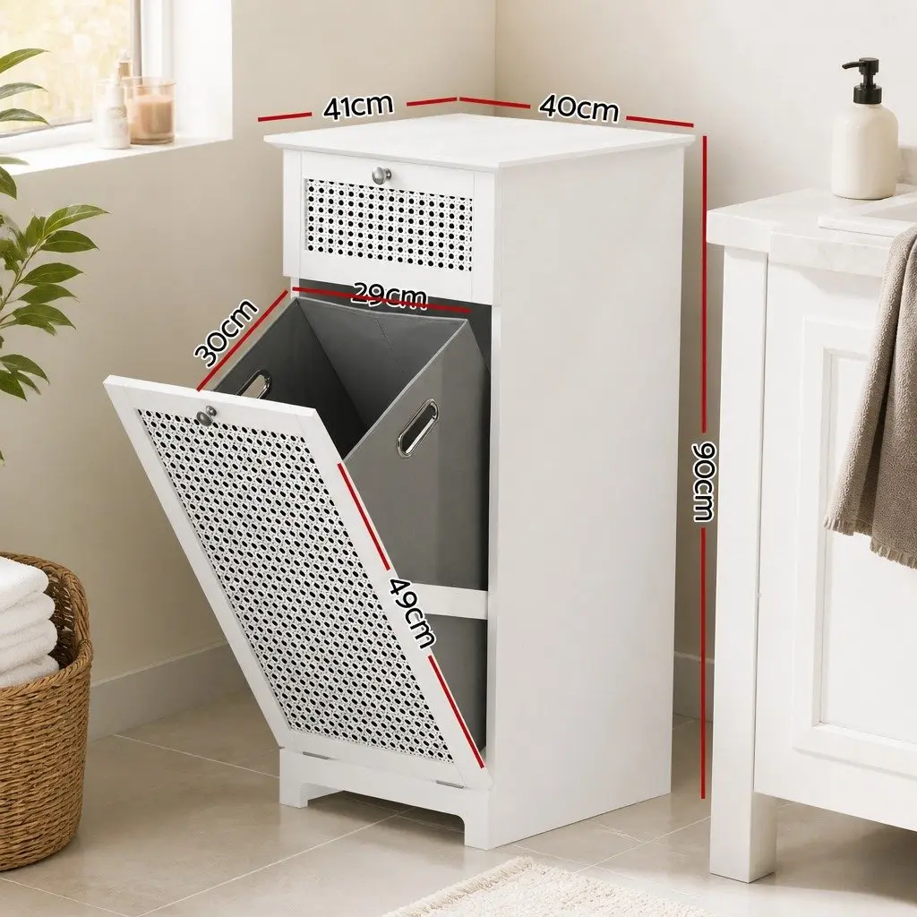 Bathroom Storage Cabinet White Tilt-Out Laundry Hamper with Drawer and Open Top