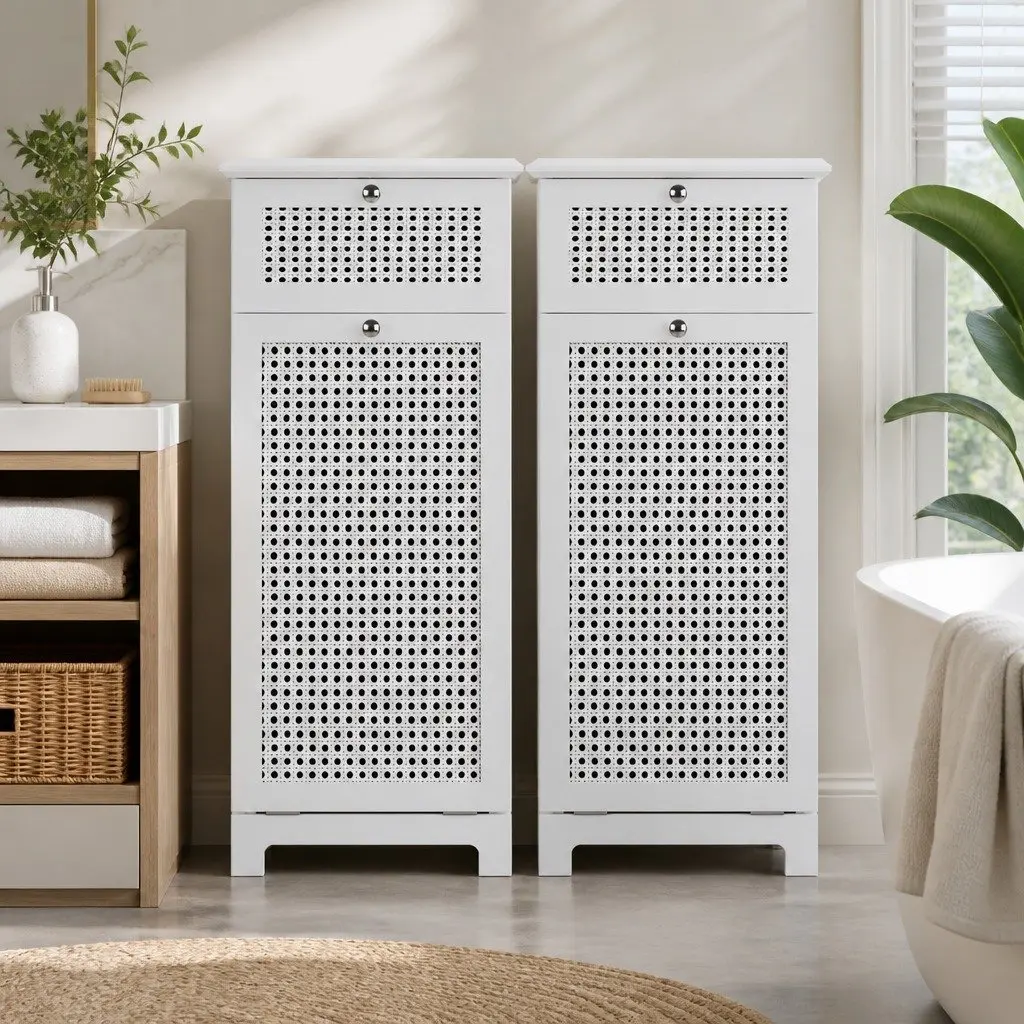 Bathroom Storage Cabinet White Tilt-Out Laundry Hamper with Drawer and Open Top