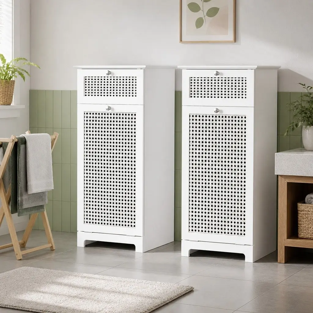 Bathroom Storage Cabinet White Tilt-Out Laundry Hamper with Drawer and Open Top