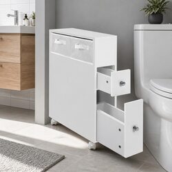 Bathroom Cabinet Storage Toilet Organiser Caddy with Drawers Basket Wheels White