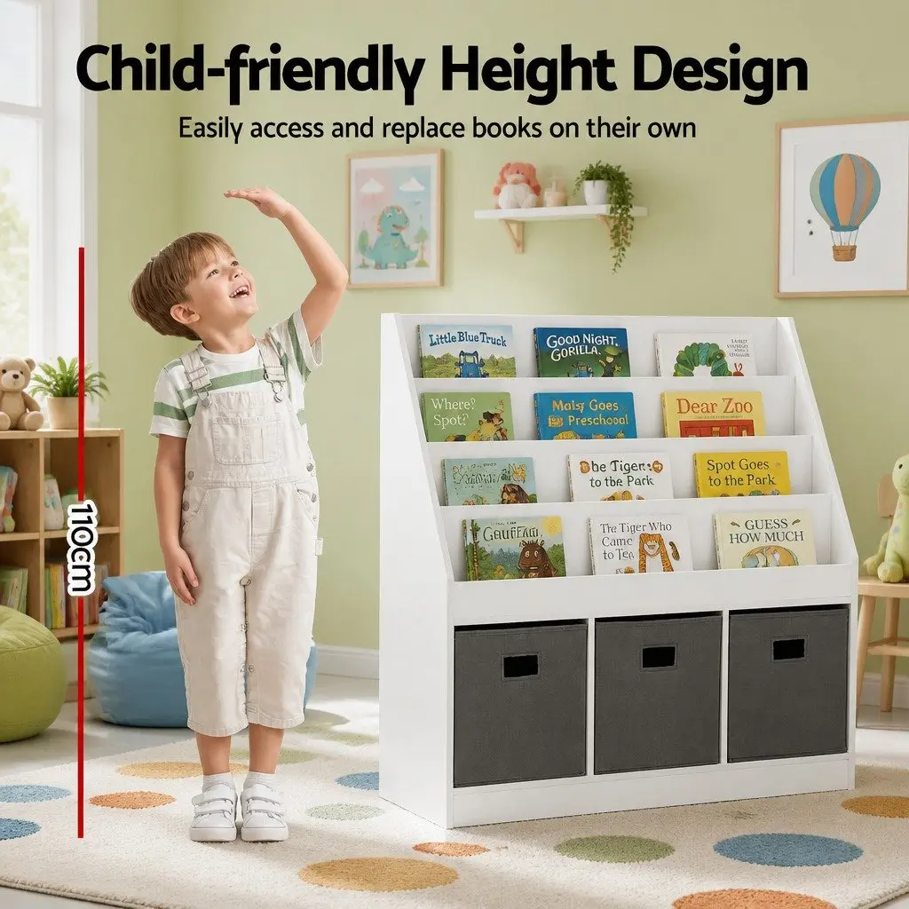 Kids Bookshelf White and Grey 4 Tier Storage Organiser with Removable Non-Woven Bins for Toys and Books