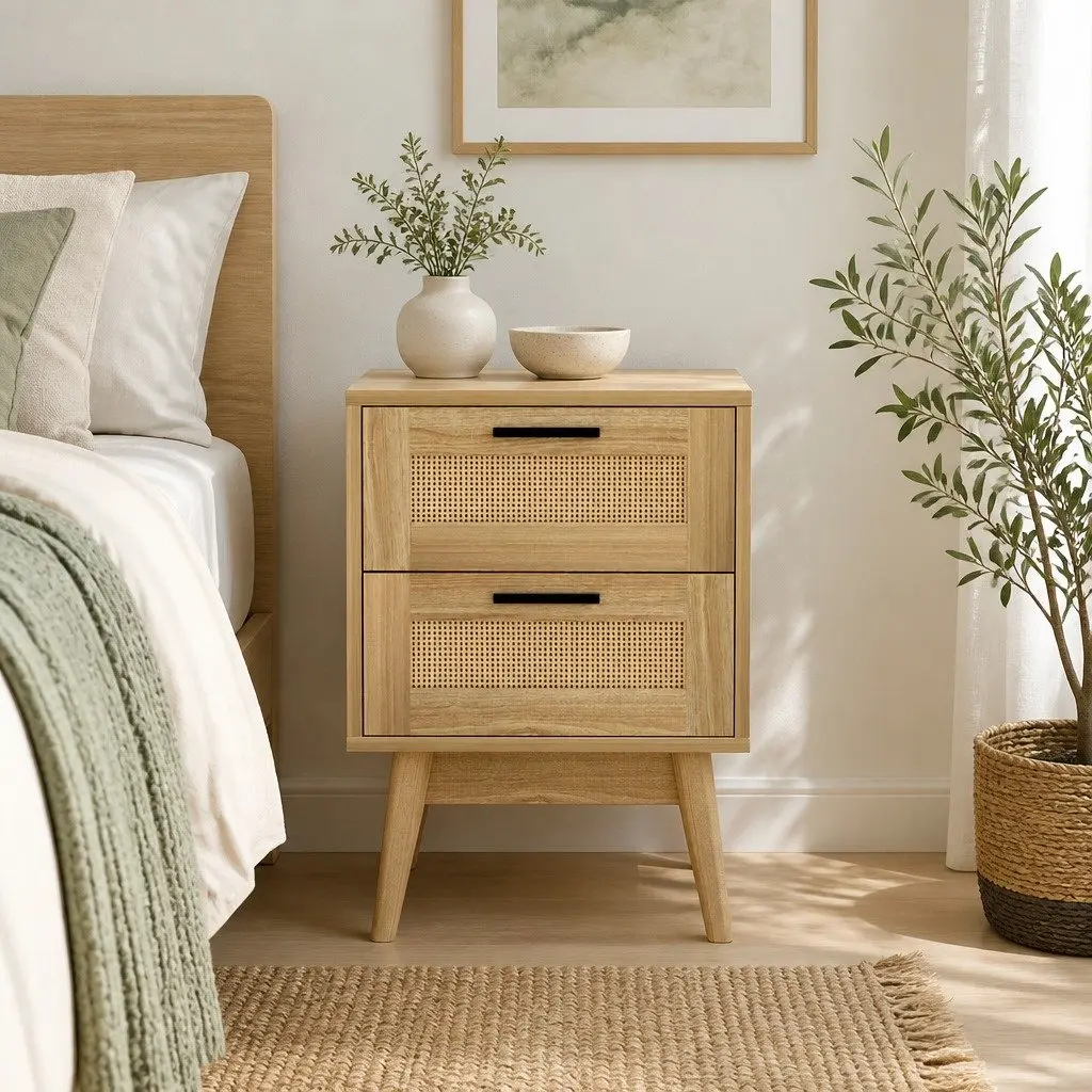 Rattan Bedside Table Wood 2 Drawers Open Shelf Storage