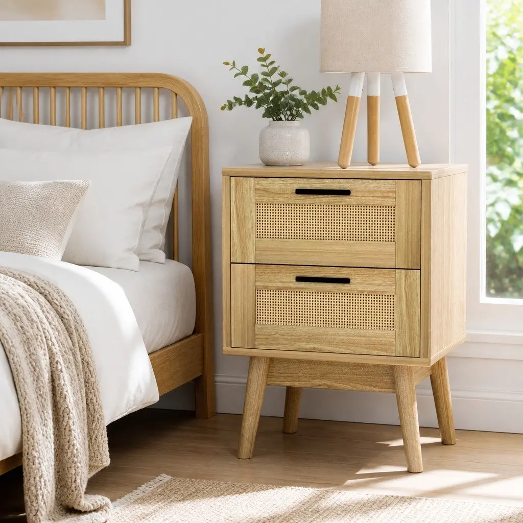 Rattan Bedside Table Wood 2 Drawers Open Shelf Storage